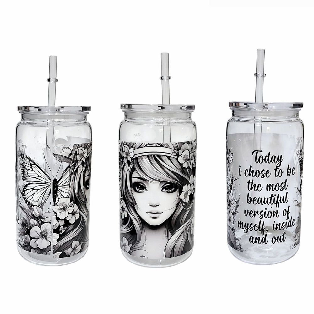 Butterfly Floral Inspiring Words Acrylic Plastic Tumbler Cup 16oz White Black